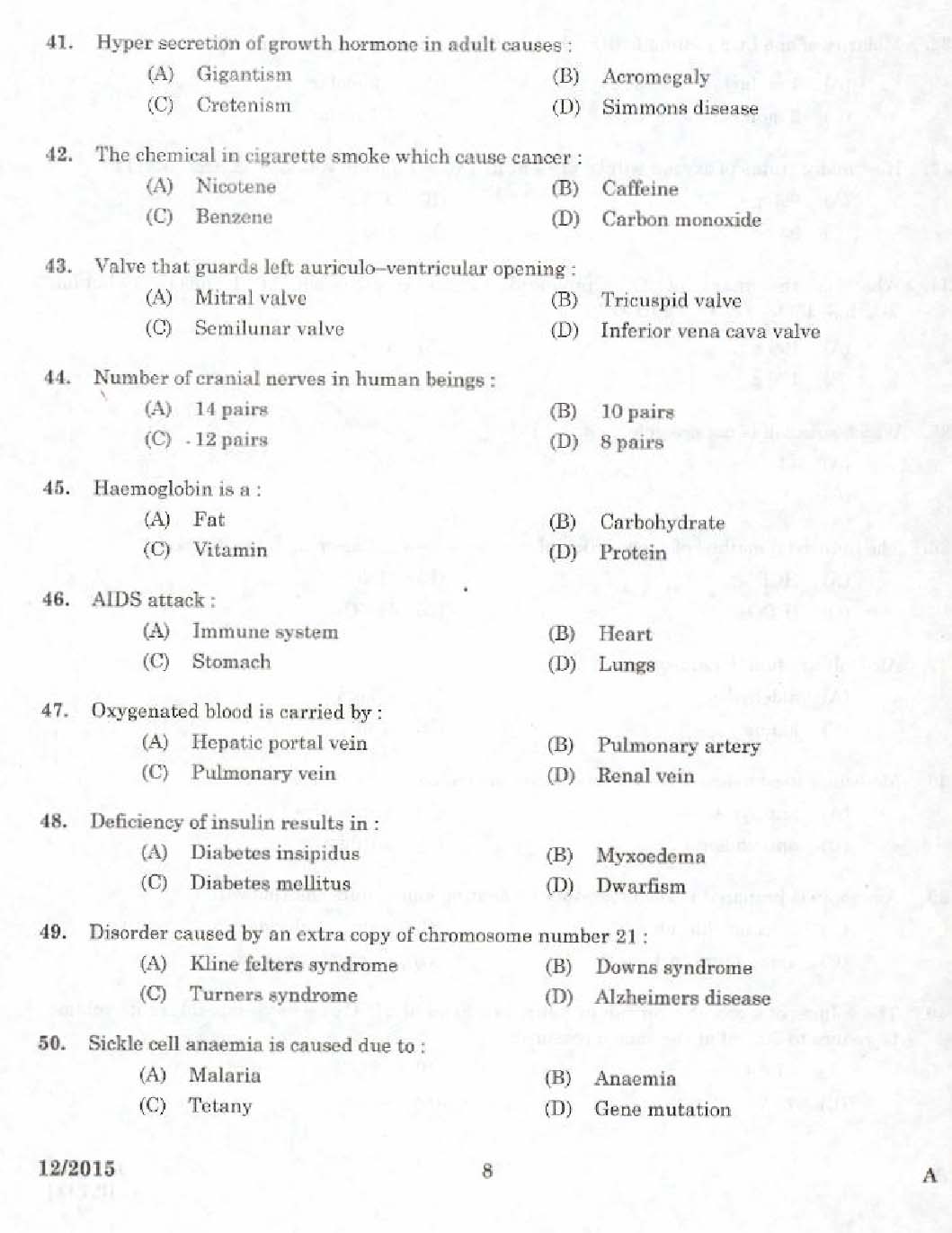 Kerala PSC Laboratory Assistant Exam 2015 Question Paper Code 122015 6