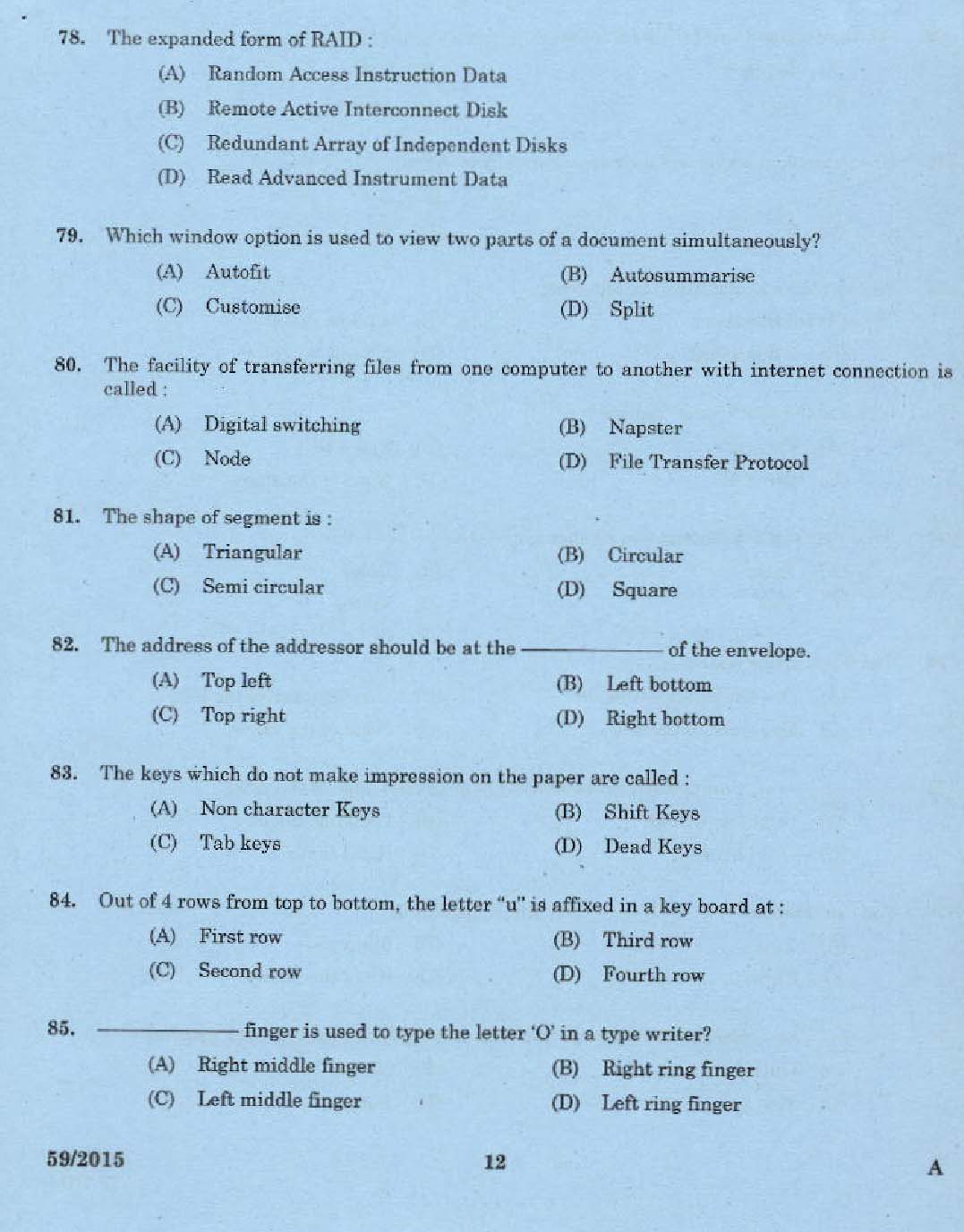 Kerala PSC Malayalam Stenographer Exam 2015 Question Paper Code 592015 10