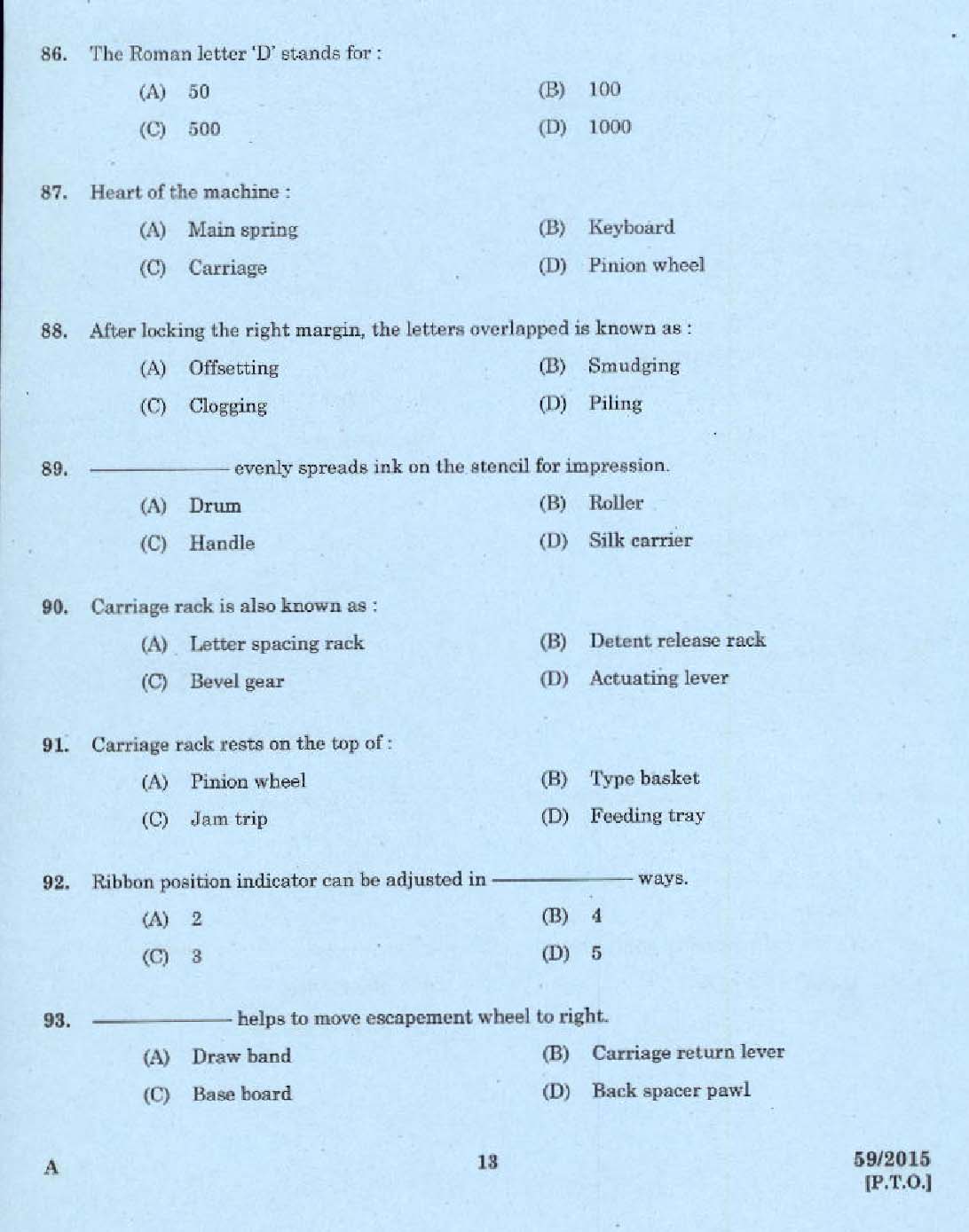 Kerala PSC Malayalam Stenographer Exam 2015 Question Paper Code 592015 11
