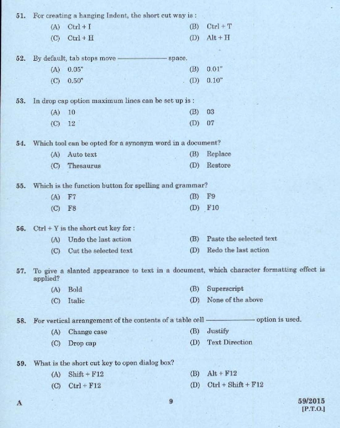 Kerala PSC Malayalam Stenographer Exam 2015 Question Paper Code 592015 7