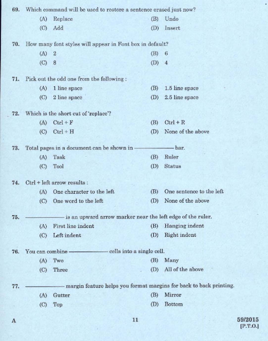 Kerala PSC Malayalam Stenographer Exam 2015 Question Paper Code 592015 9