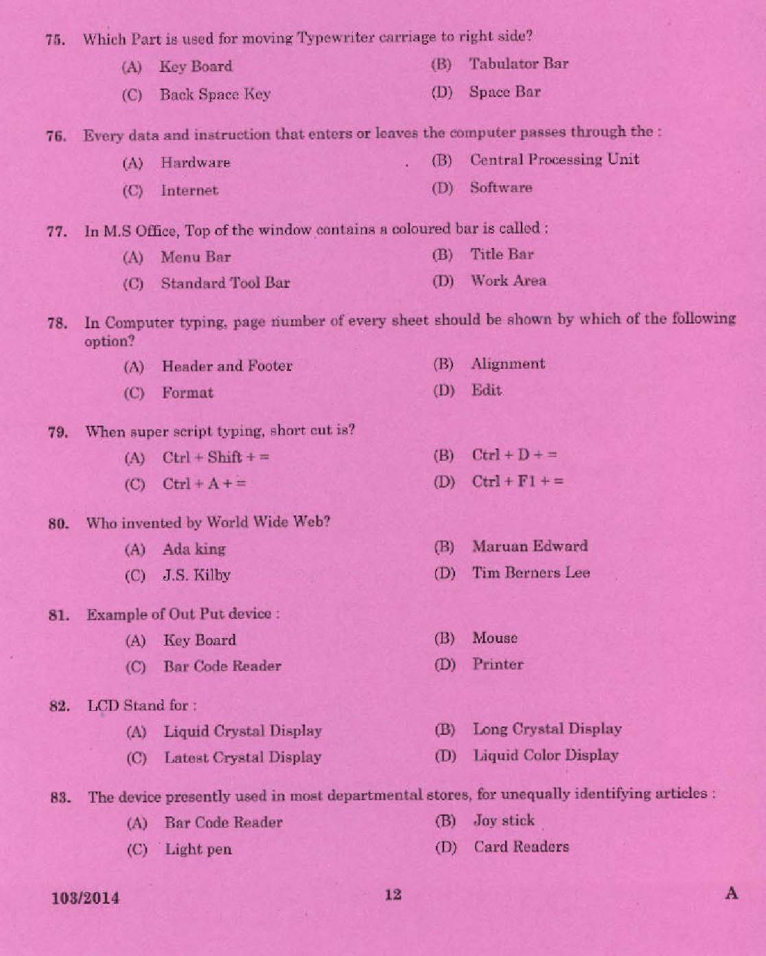 Kerala PSC Stenographer Grade IV Exam 2014 Question Paper Code 1032014 10