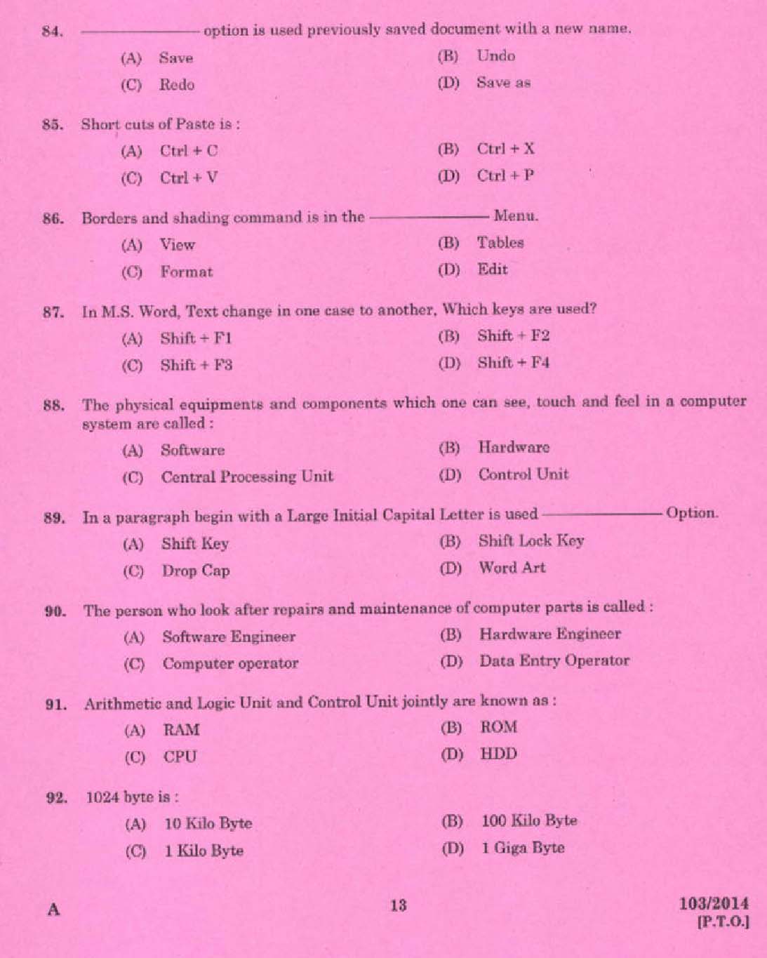 Kerala PSC Stenographer Grade IV Exam 2014 Question Paper Code 1032014 11