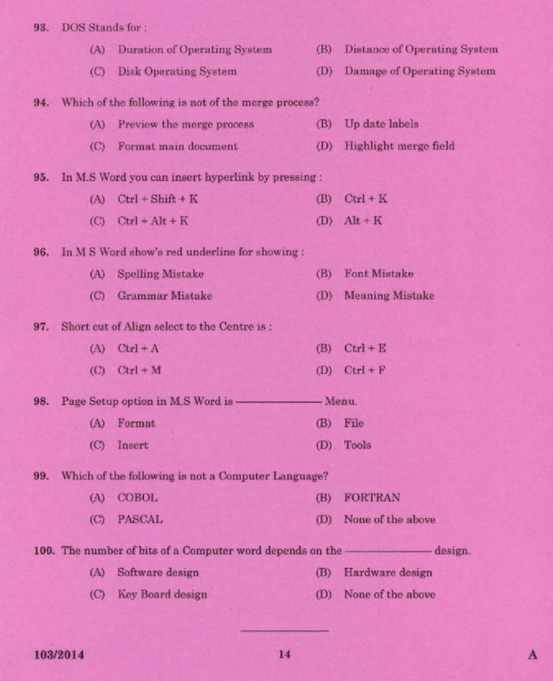 Kerala PSC Stenographer Grade IV Exam 2014 Question Paper Code 1032014 12