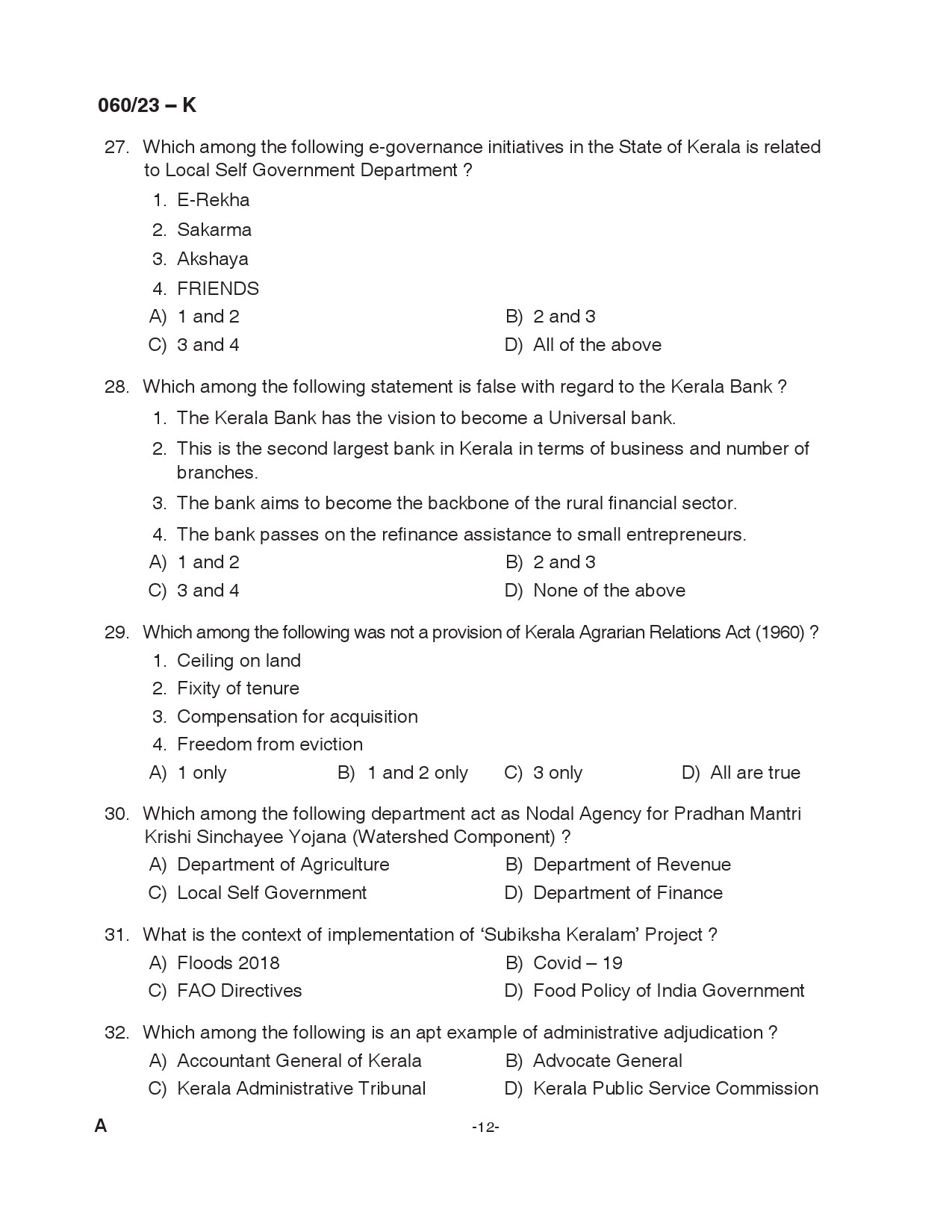 KPSC Junior Assistant Kannada Exam 2023 Code 0602023 K 12