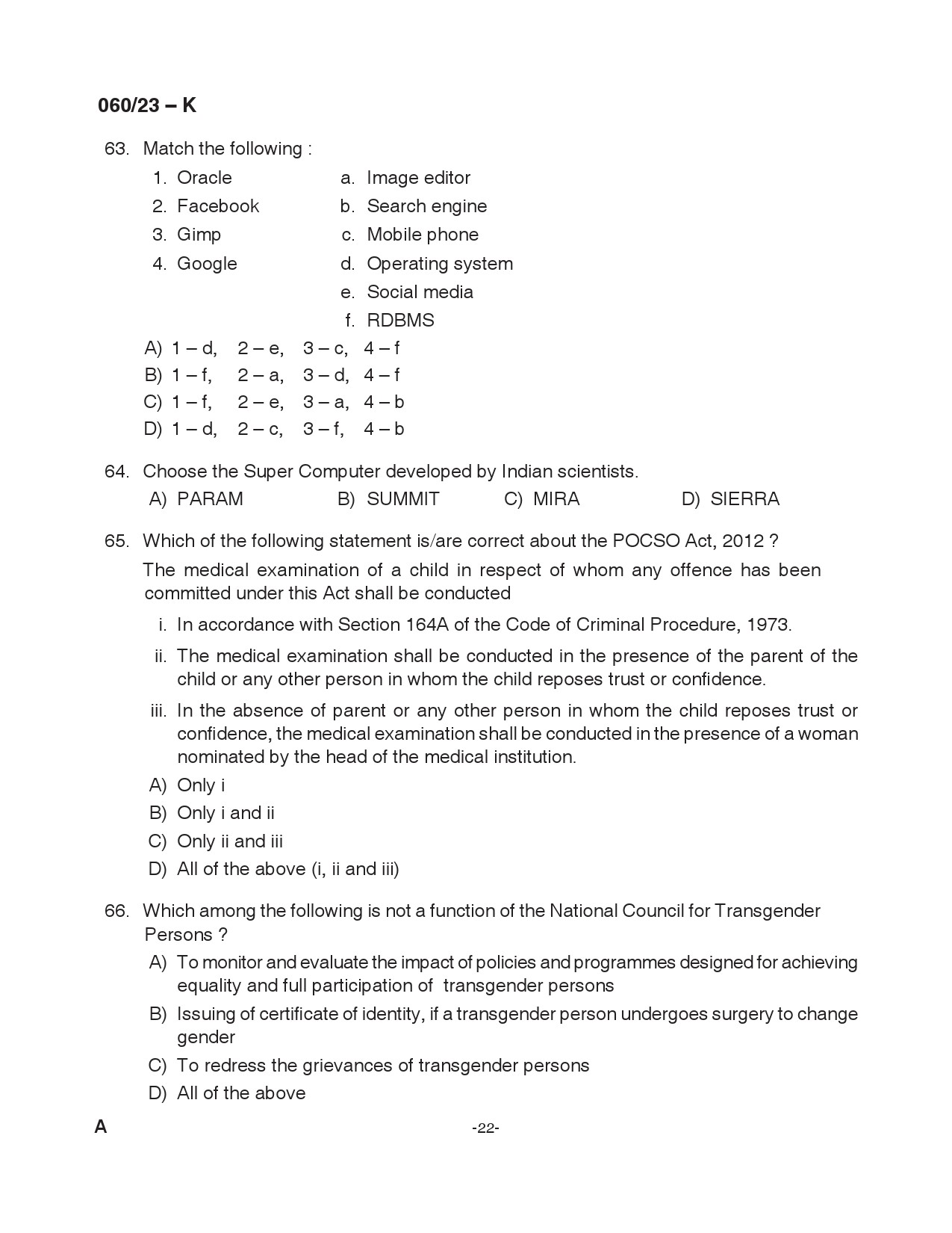 KPSC Junior Assistant Kannada Exam 2023 Code 0602023 K 22