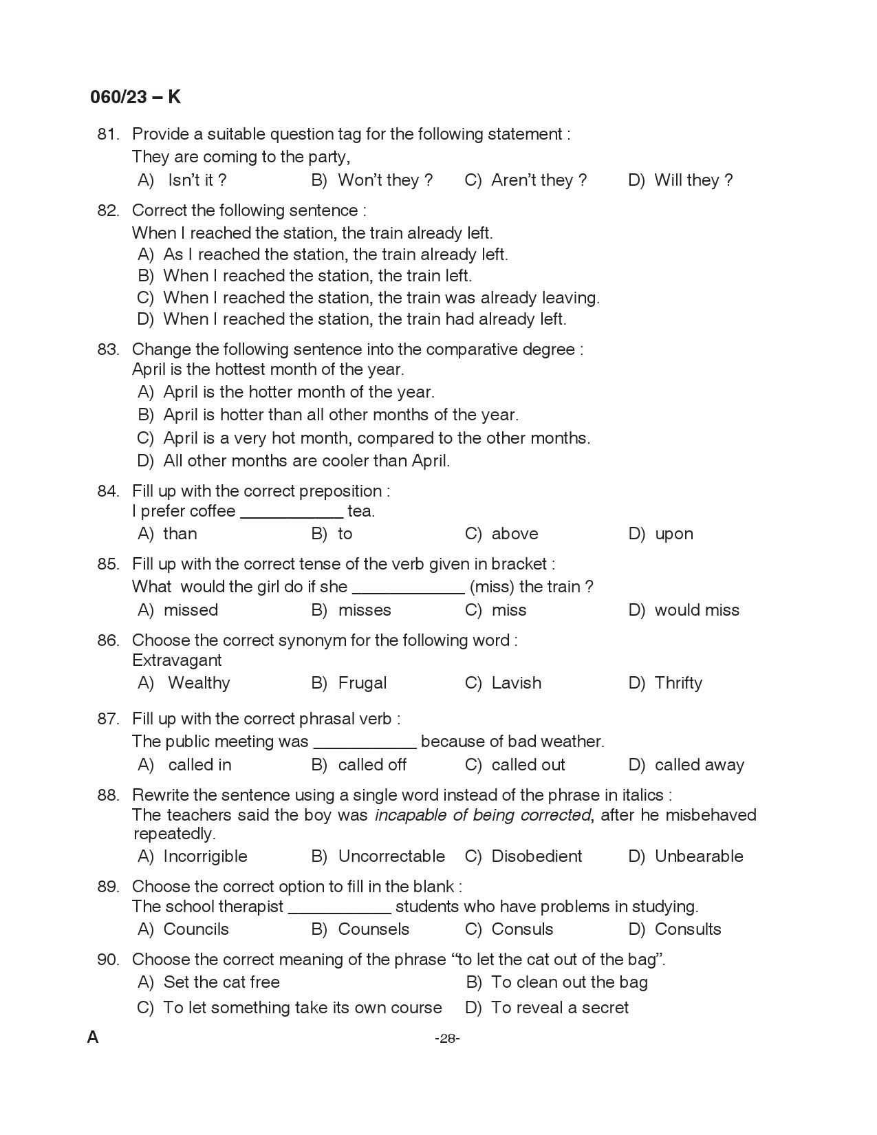 KPSC Junior Assistant Kannada Exam 2023 Code 0602023 K 28