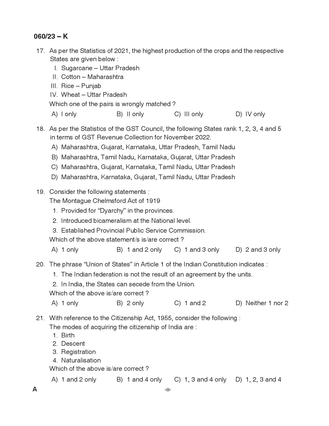 KPSC Junior Assistant Kannada Exam 2023 Code 0602023 K 8