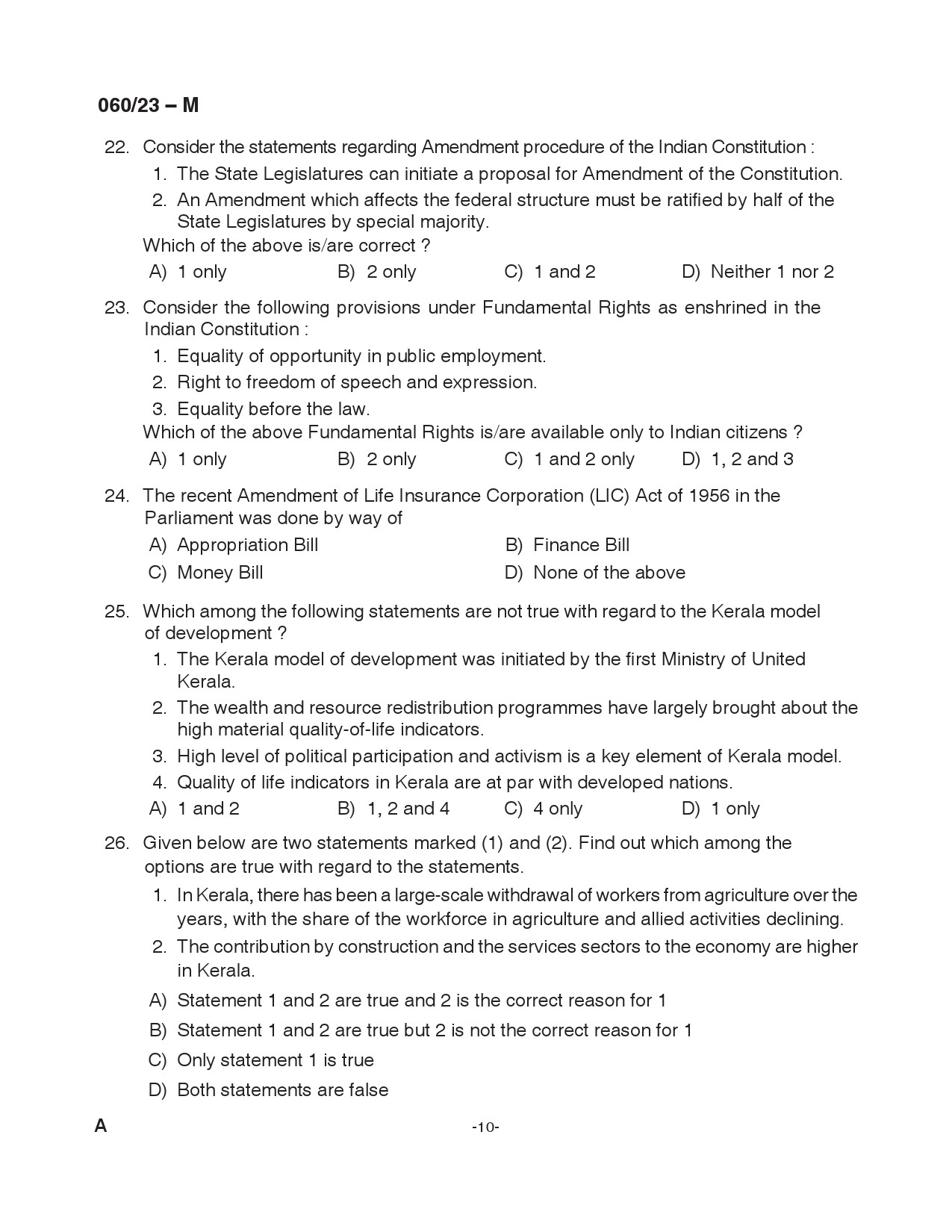 KPSC Junior Assistant Malayalam Exam 2023 Code 0602023 M 10