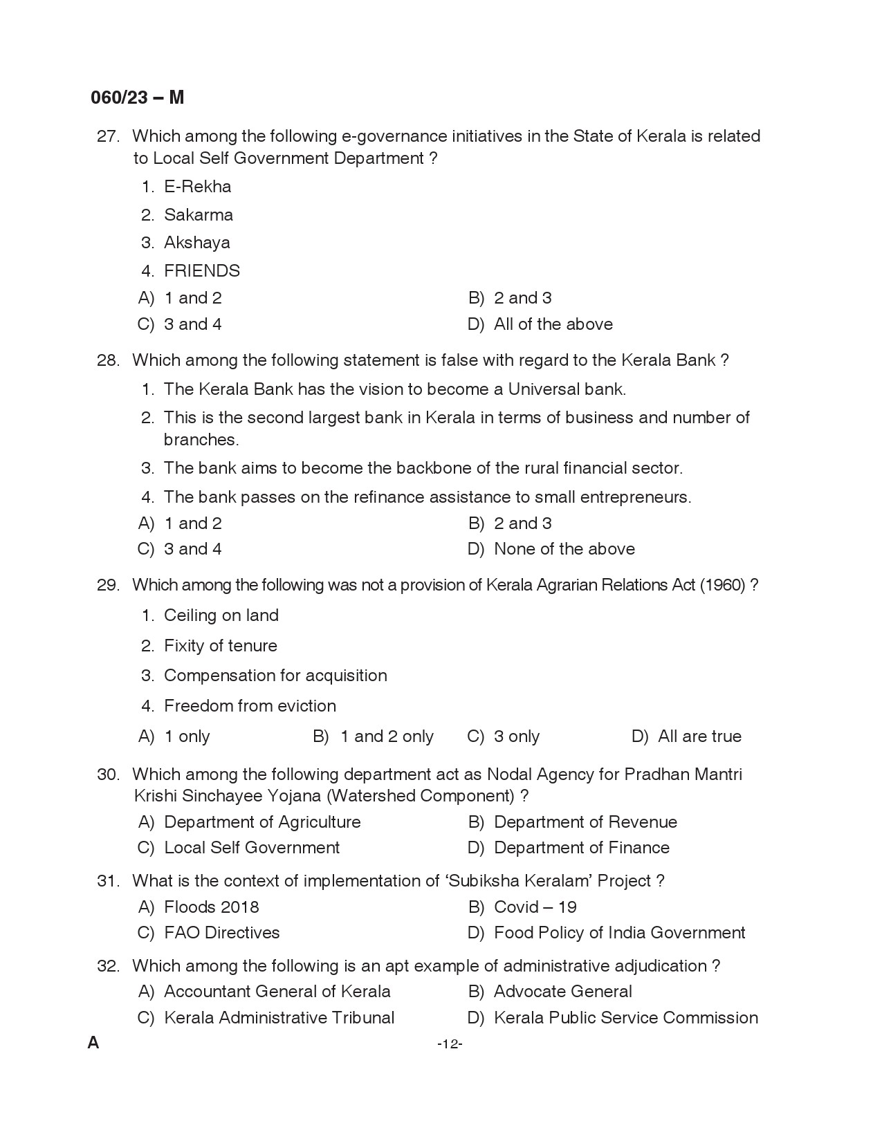 KPSC Junior Assistant Malayalam Exam 2023 Code 0602023 M 12