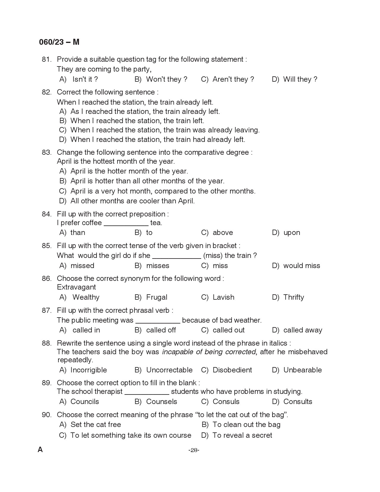 KPSC Junior Assistant Malayalam Exam 2023 Code 0602023 M 28