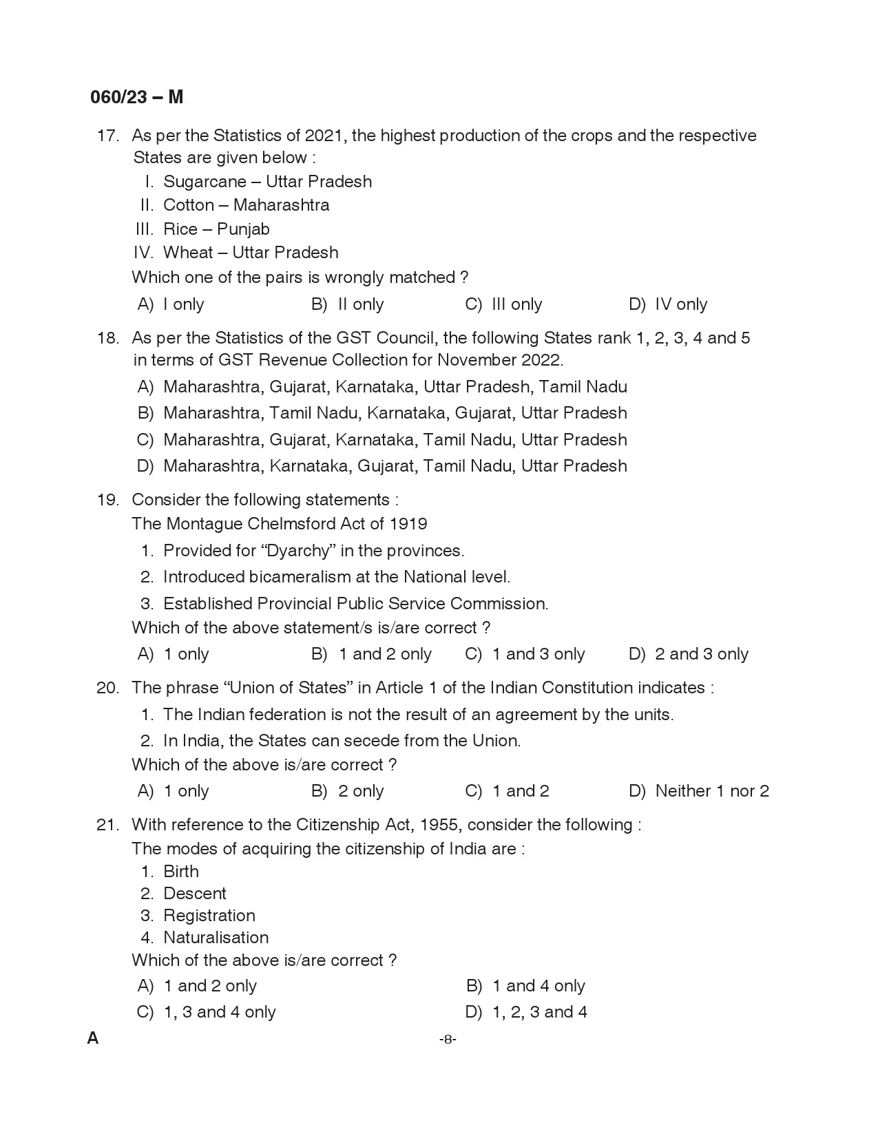 KPSC Junior Assistant Malayalam Exam 2023 Code 0602023 M 8