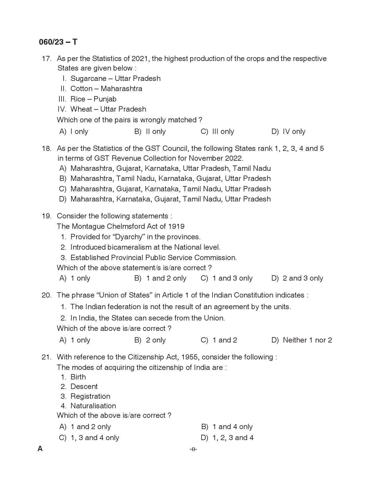 KPSC Junior Assistant Tamil Exam 2023 Code 0602023 T 8