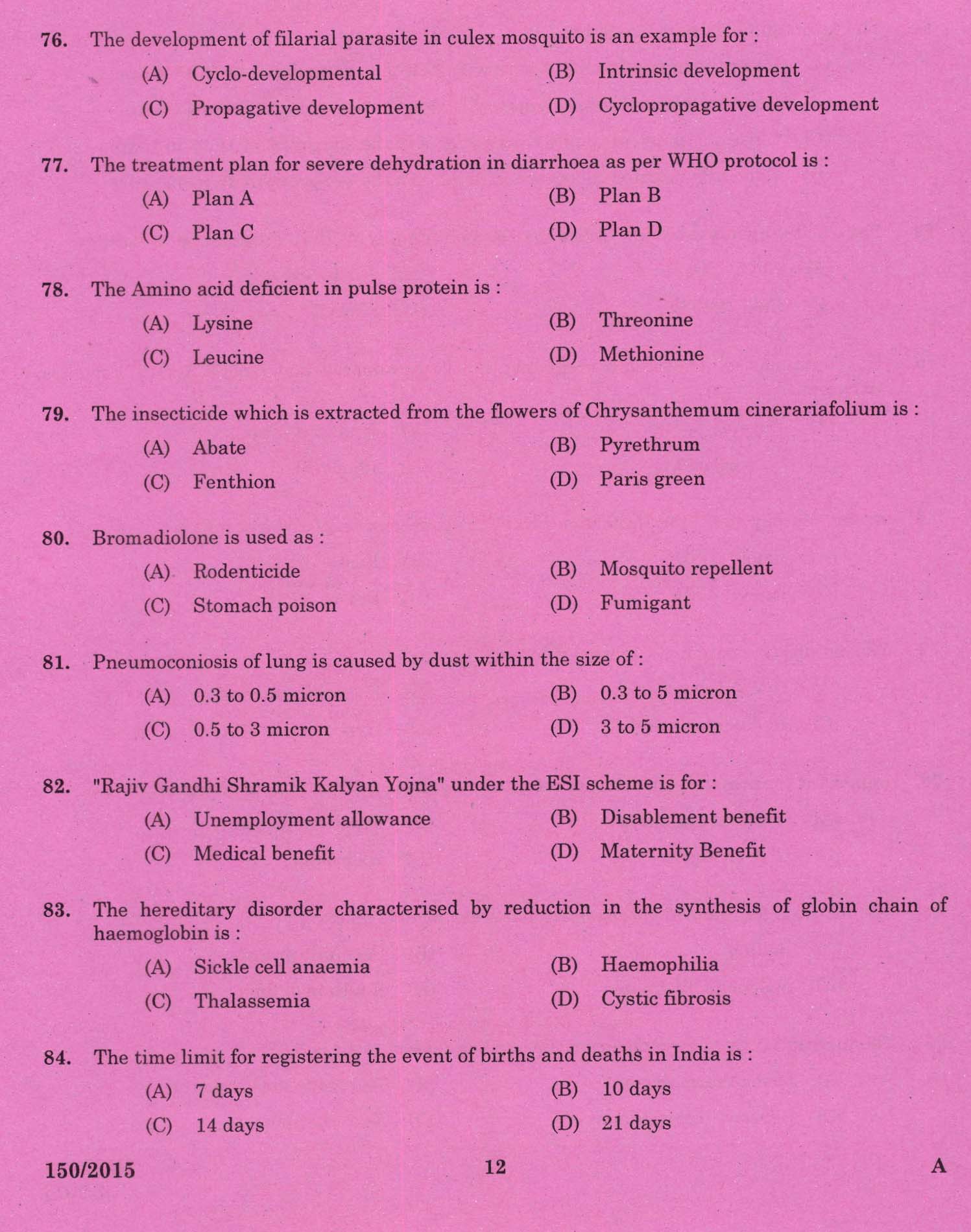 Kerala PSC Junior Health Inspector Exam Question 1502015 10