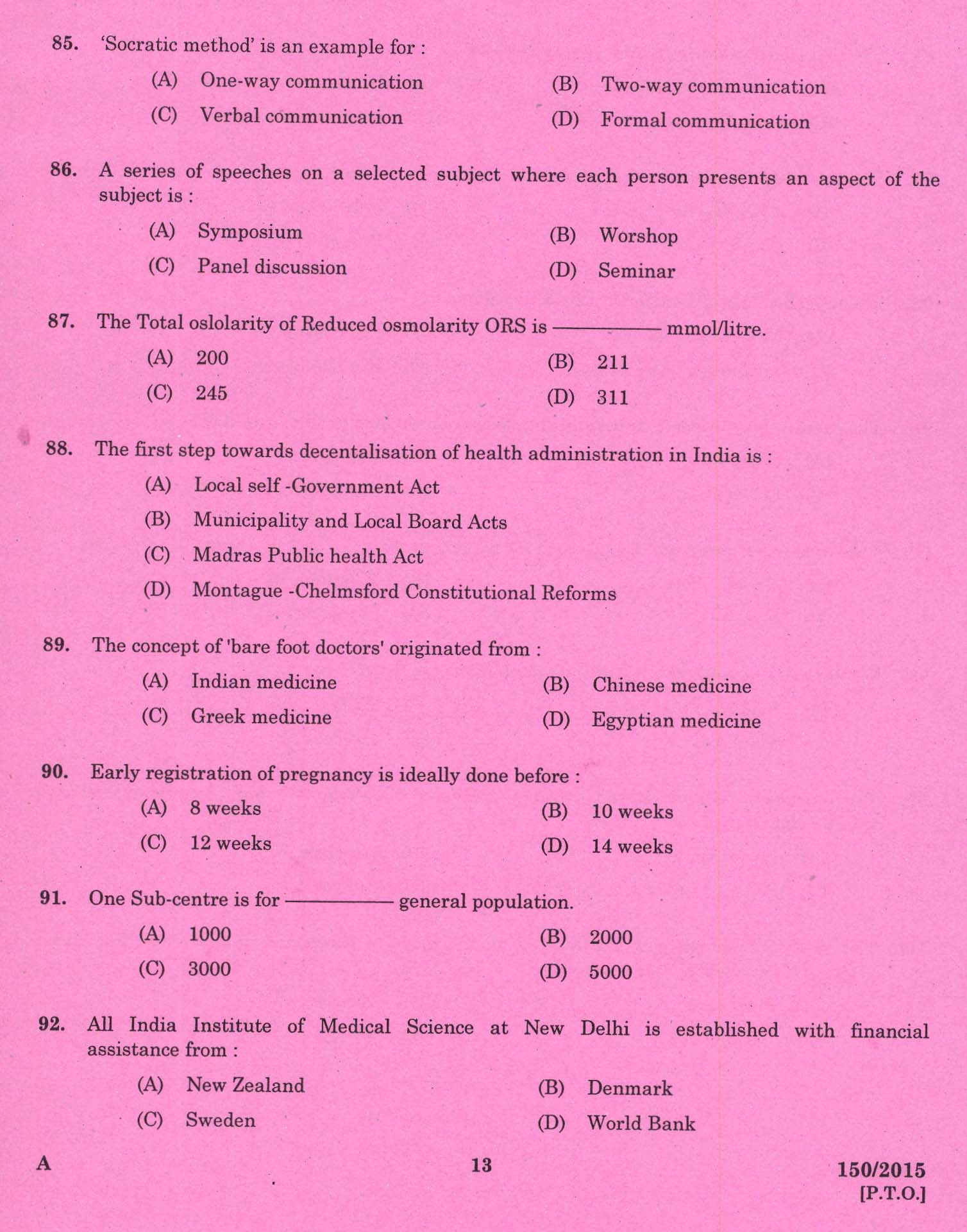 Kerala PSC Junior Health Inspector Exam Question 1502015 11