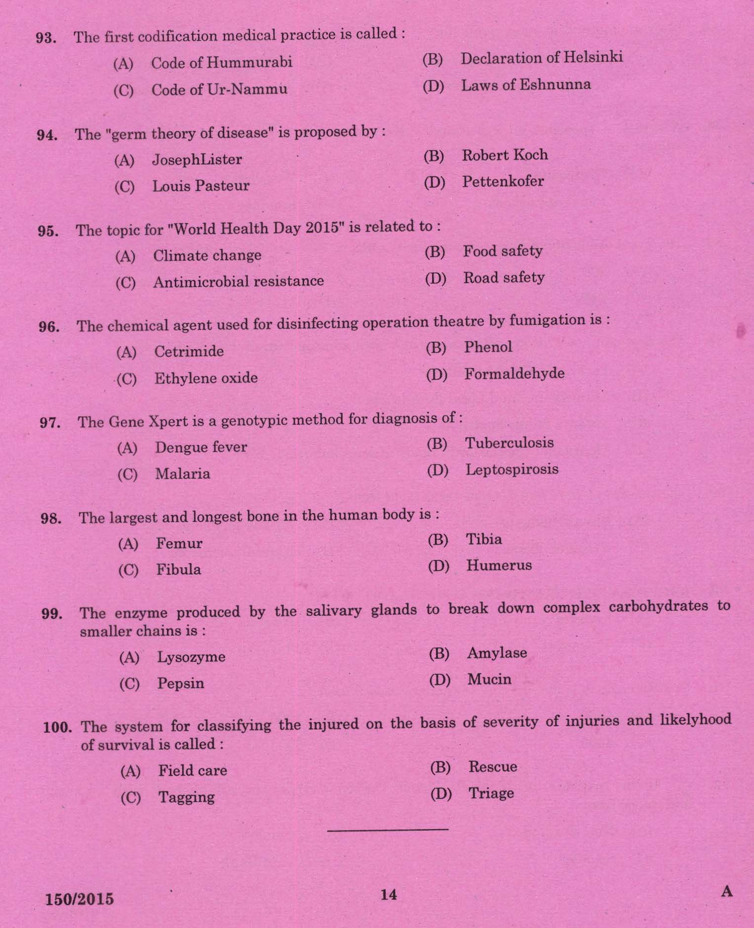 Kerala PSC Junior Health Inspector Exam Question 1502015 12