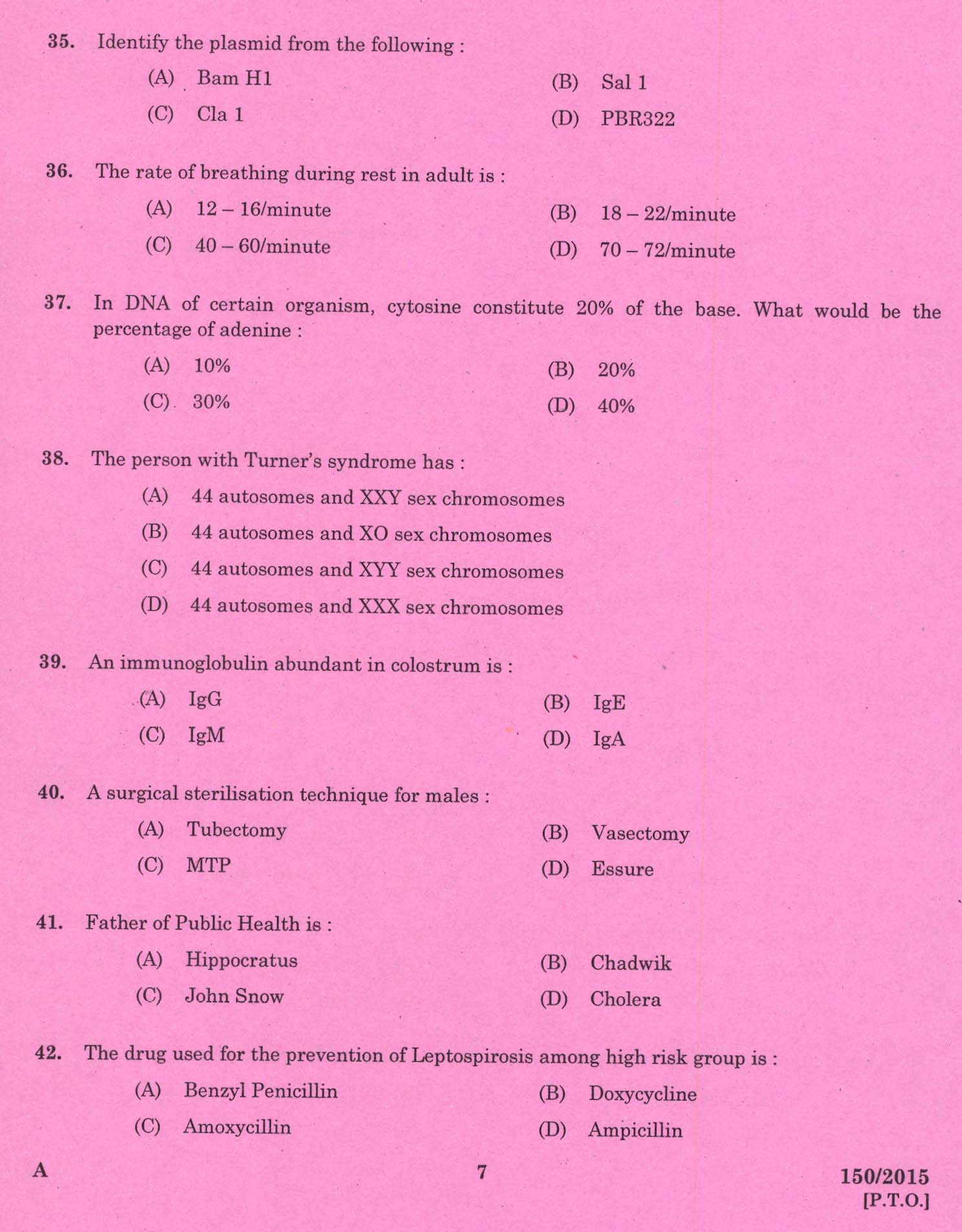 Kerala PSC Junior Health Inspector Exam Question 1502015 5