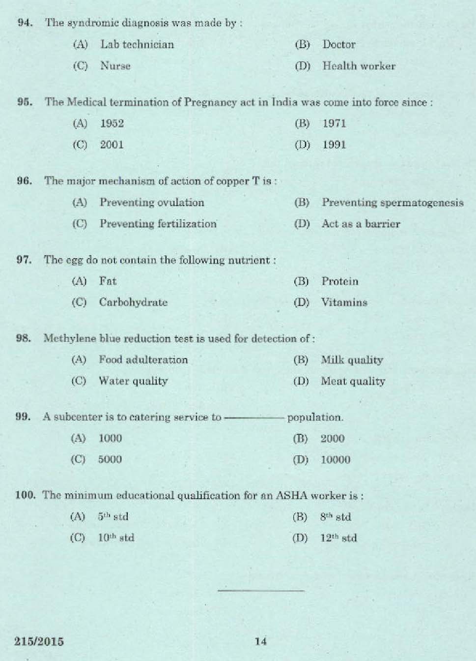 KPSC Junior Health Inspector Exam Question 2152015 12