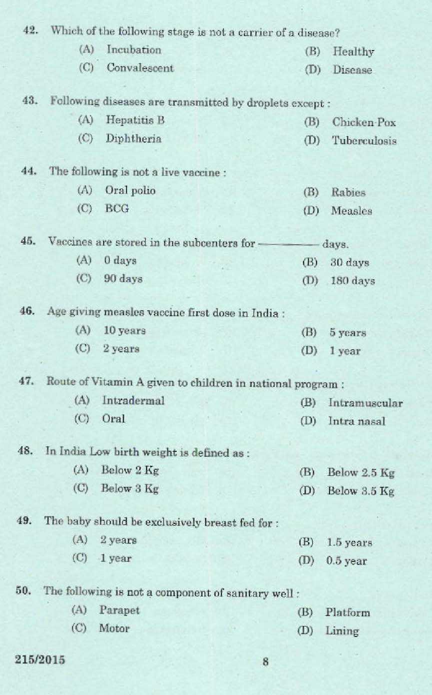 KPSC Junior Health Inspector Exam Question 2152015 6