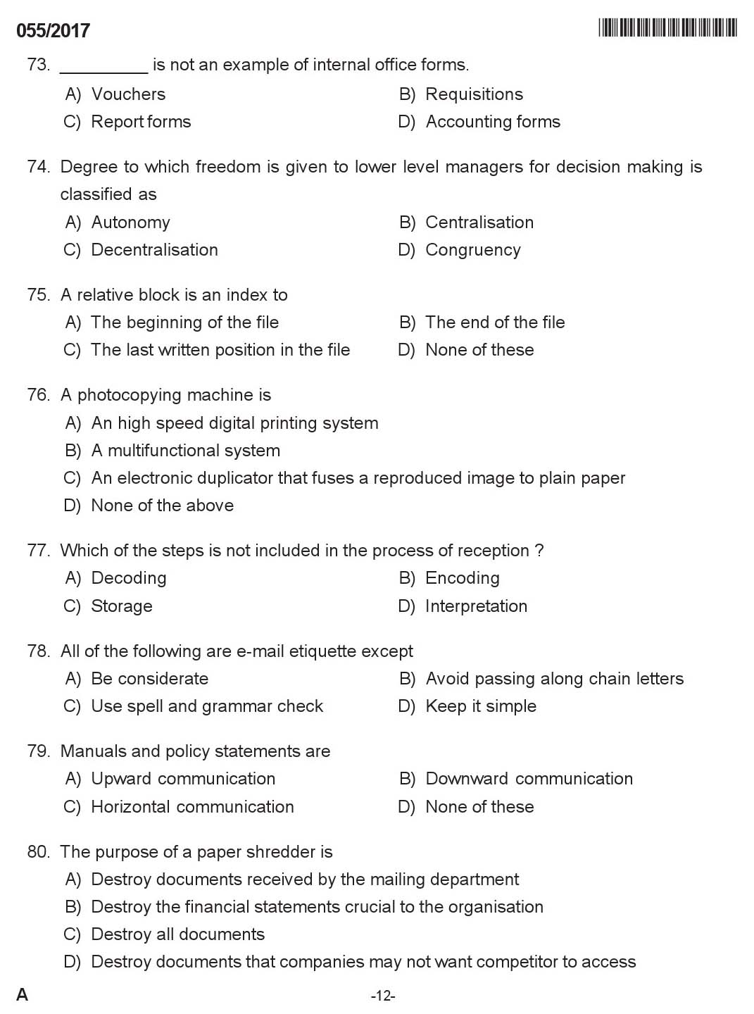 KPSC Instructor In Secretarial Practice Exam 2017 Code 0552017 11