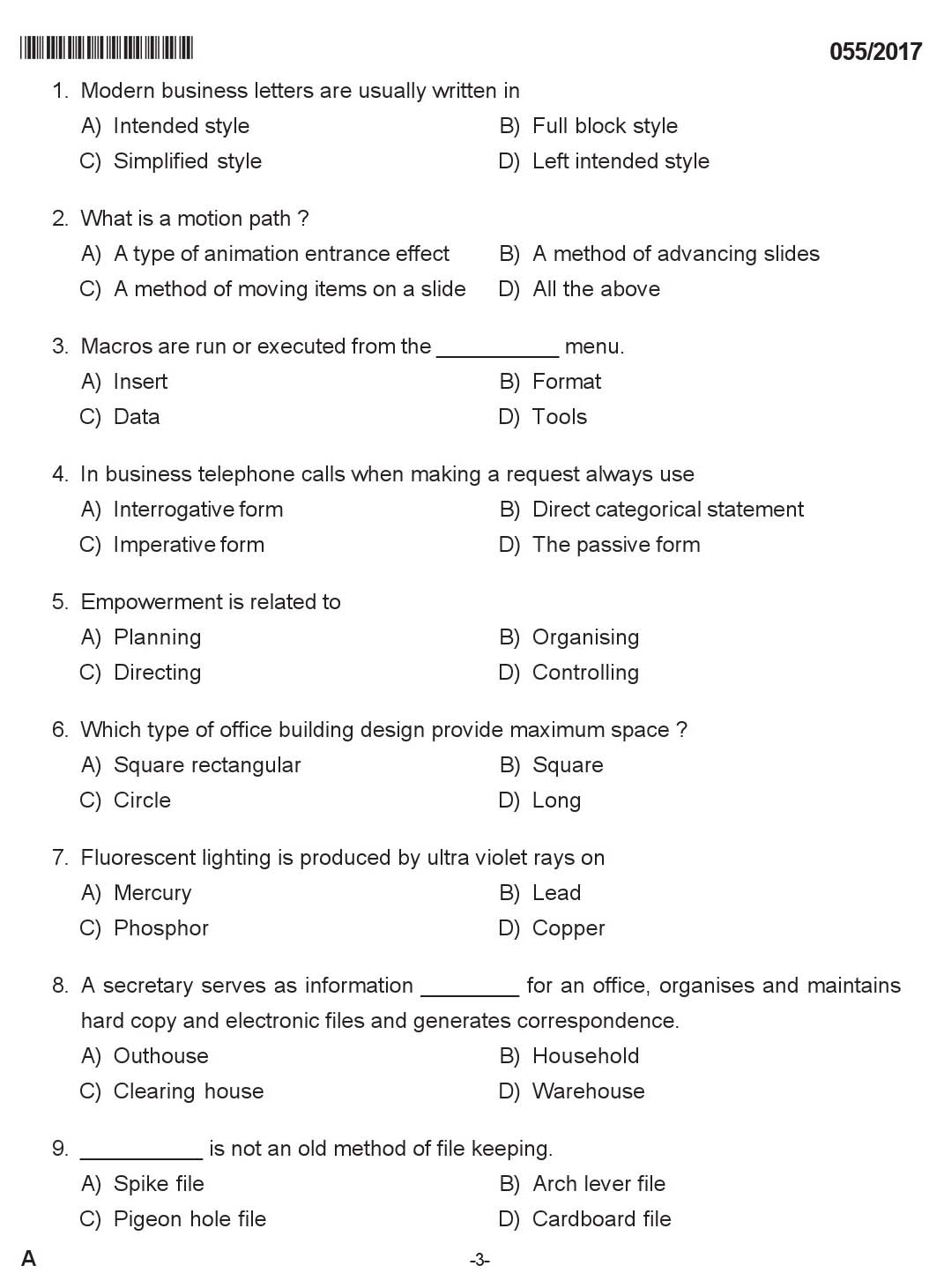 KPSC Instructor In Secretarial Practice Exam 2017 Code 0552017 2