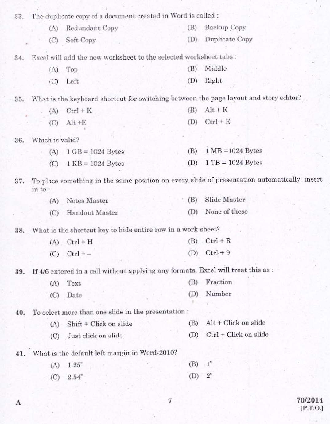 KPSC Junior Instructor Data Entry Operator Exam 2014 Code 702014 5