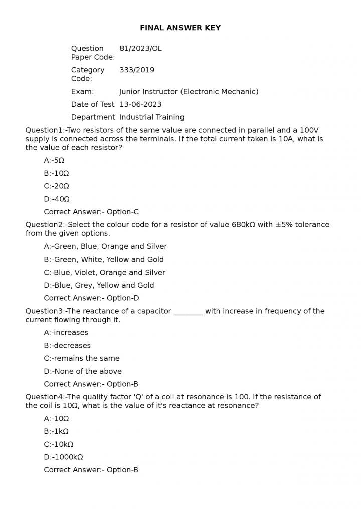 KPSC Junior Instructor Electronic Mechanic Exam 2023 Code 812023OL 1