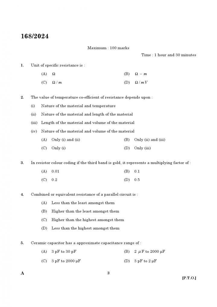 KPSC Junior Instructor Electronic Mechanic Exam 2024 Code 1682024 1