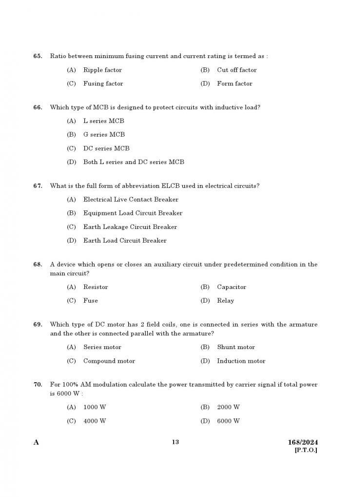 KPSC Junior Instructor Electronic Mechanic Exam 2024 Code 1682024 11