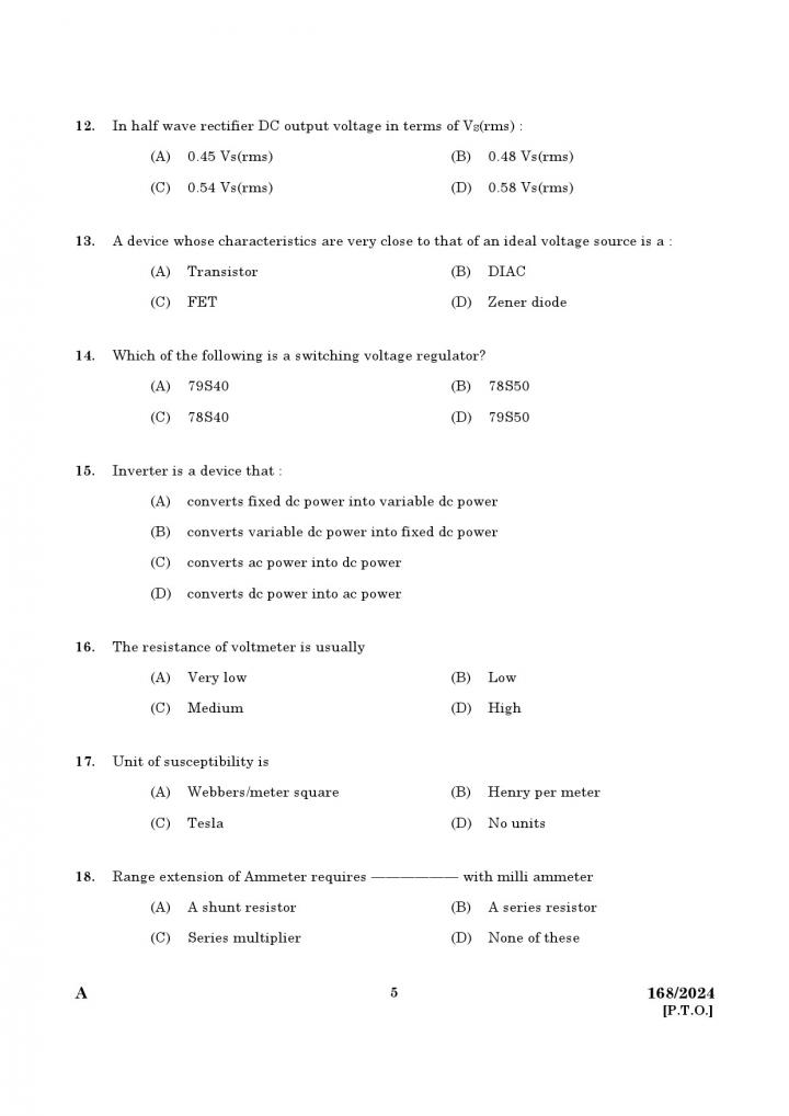 KPSC Junior Instructor Electronic Mechanic Exam 2024 Code 1682024 3