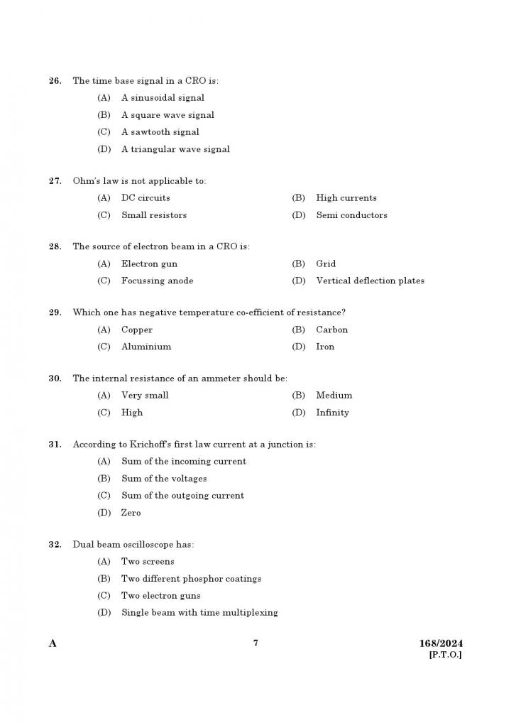 KPSC Junior Instructor Electronic Mechanic Exam 2024 Code 1682024 5