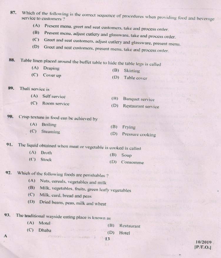 KPSC Junior Instructor Food Beverages Exam 2019 Code 0102019 13