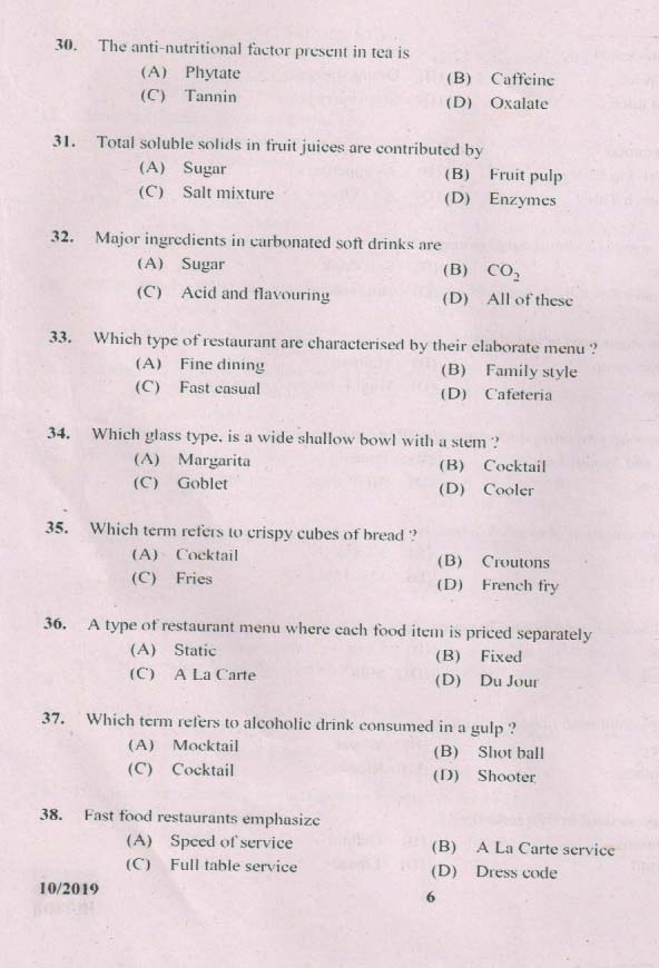 KPSC Junior Instructor Food Beverages Exam 2019 Code 0102019 5