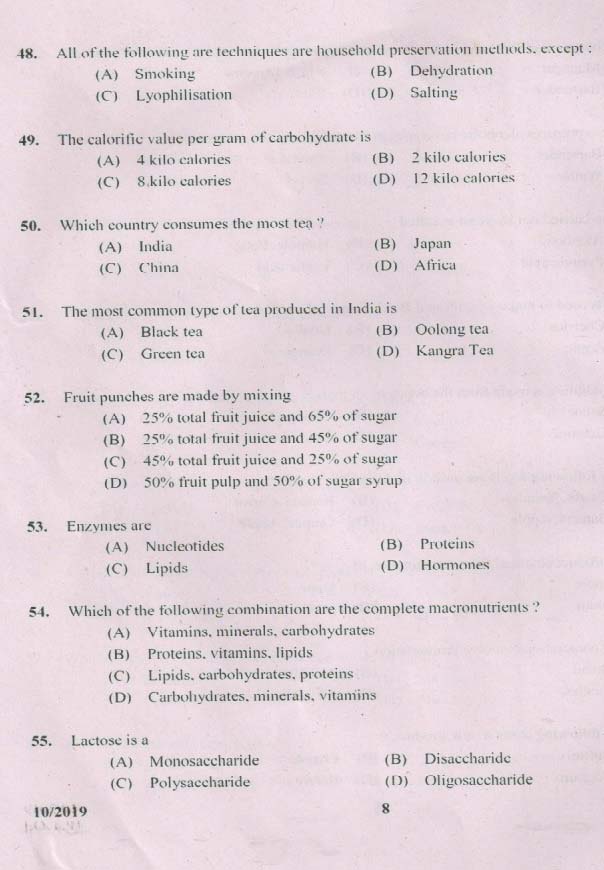 KPSC Junior Instructor Food Beverages Exam 2019 Code 0102019 7