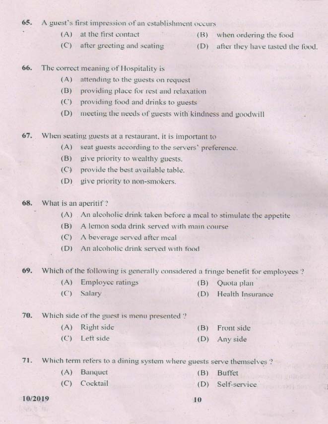 KPSC Junior Instructor Food Beverages Exam 2019 Code 0102019 9