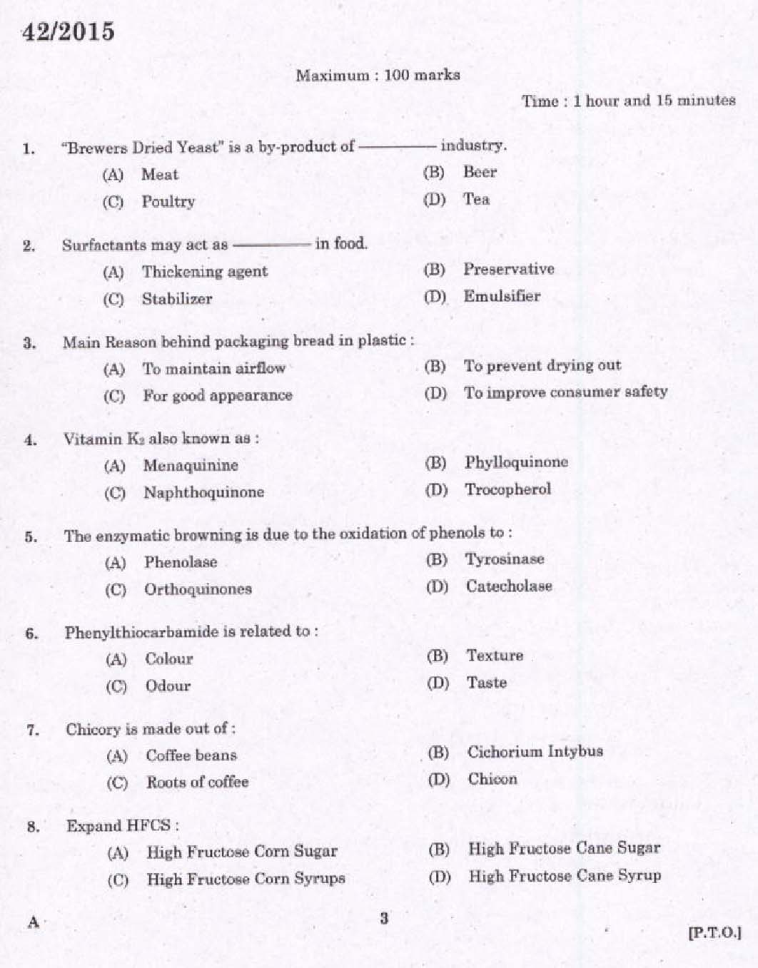 KPSC Junior Instructor Food Processing Exam 2015 Code 422015 1