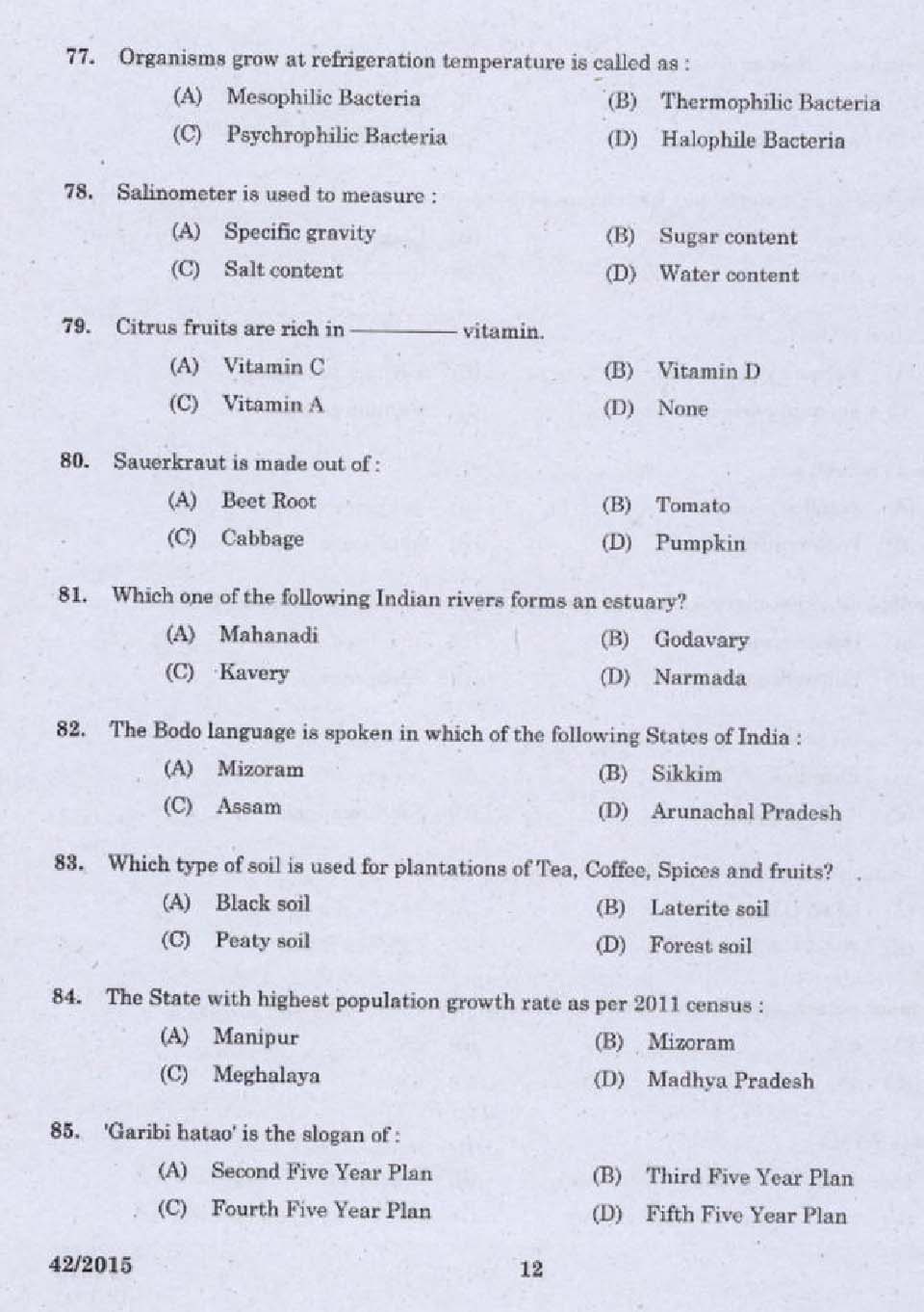 KPSC Junior Instructor Food Processing Exam 2015 Code 422015 10