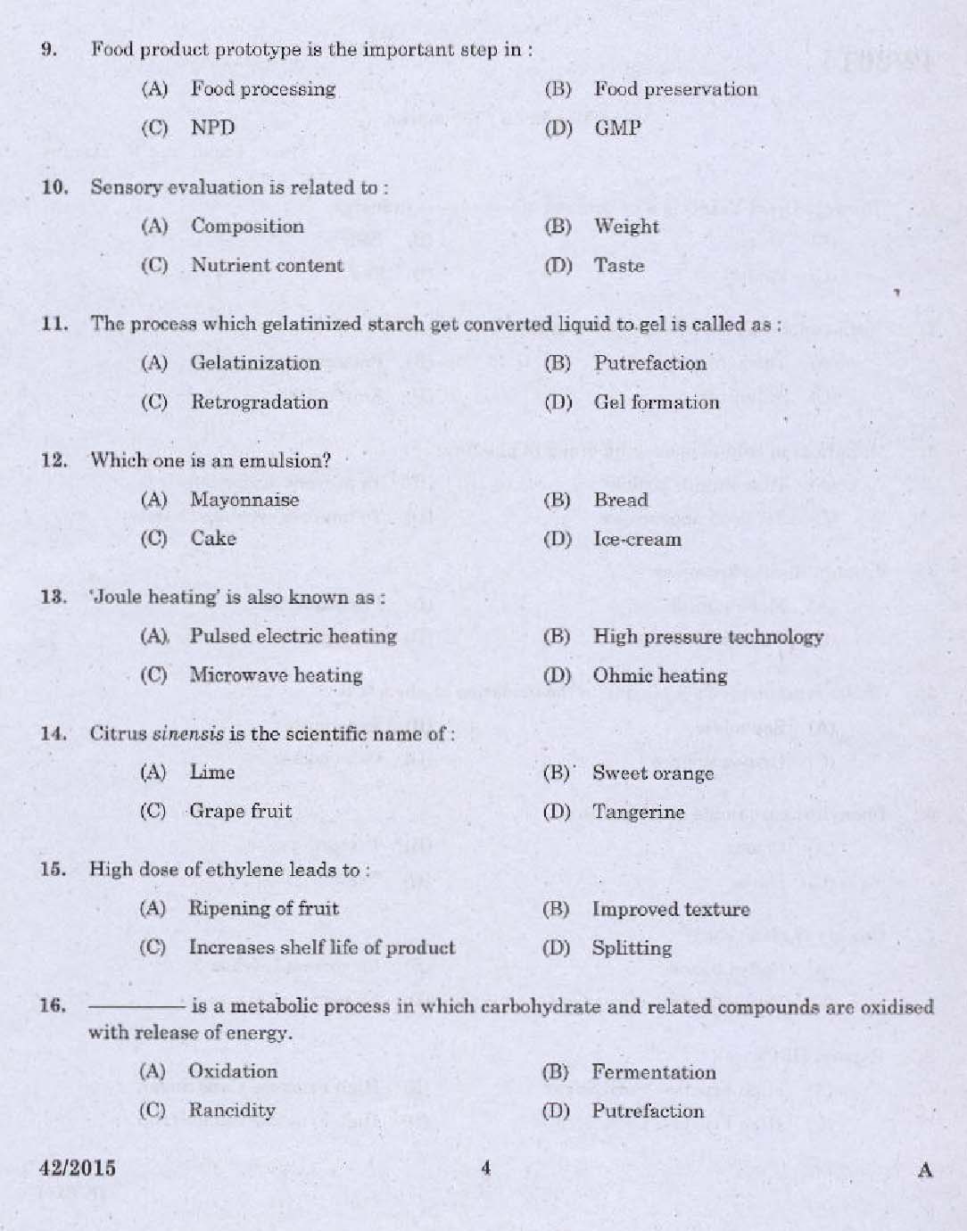 KPSC Junior Instructor Food Processing Exam 2015 Code 422015 2