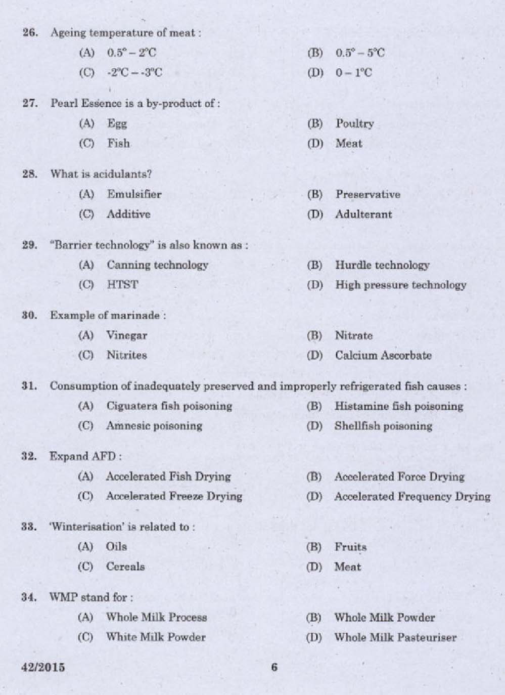 KPSC Junior Instructor Food Processing Exam 2015 Code 422015 4