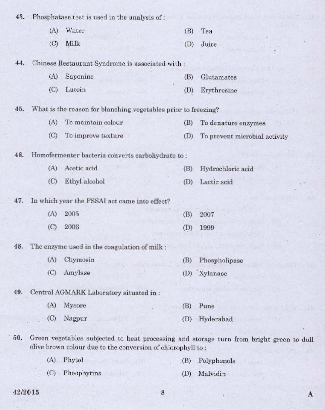 KPSC Junior Instructor Food Processing Exam 2015 Code 422015 6