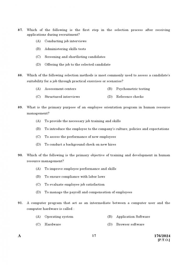 KPSC Junior Instructor Front Office Assistant Exam 2024 Code 176 2024 15