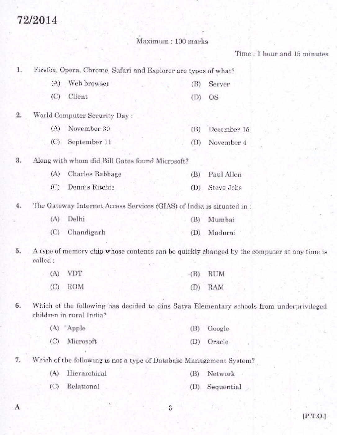 KPSC Junior Instructor Information Technology Exam 2014 Code 722014 1