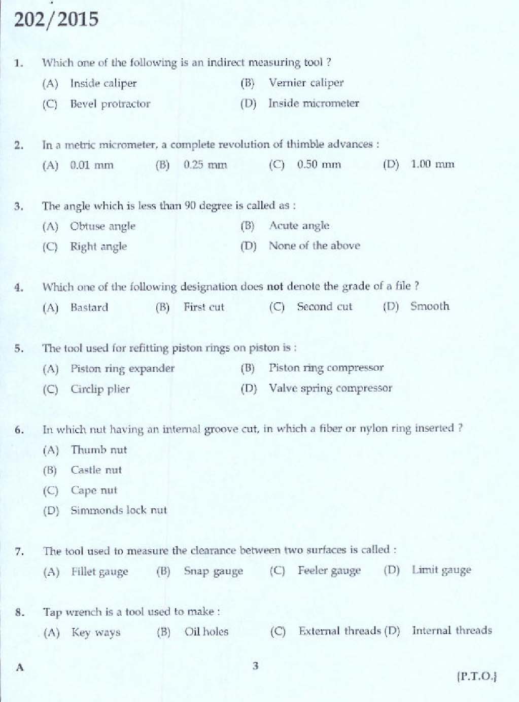 KPSC Junior Instructor Mechanic Motor Vehicle Exam 2015 Code 2022015 1