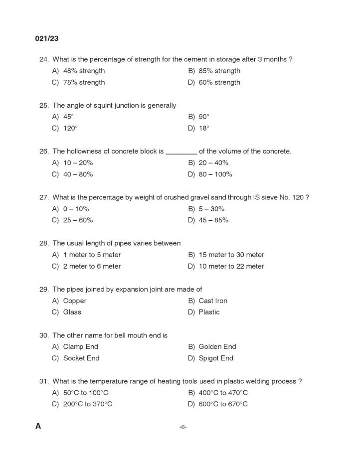 KPSC Junior Instructor Plumber Exam 2023 Code 0212023 5