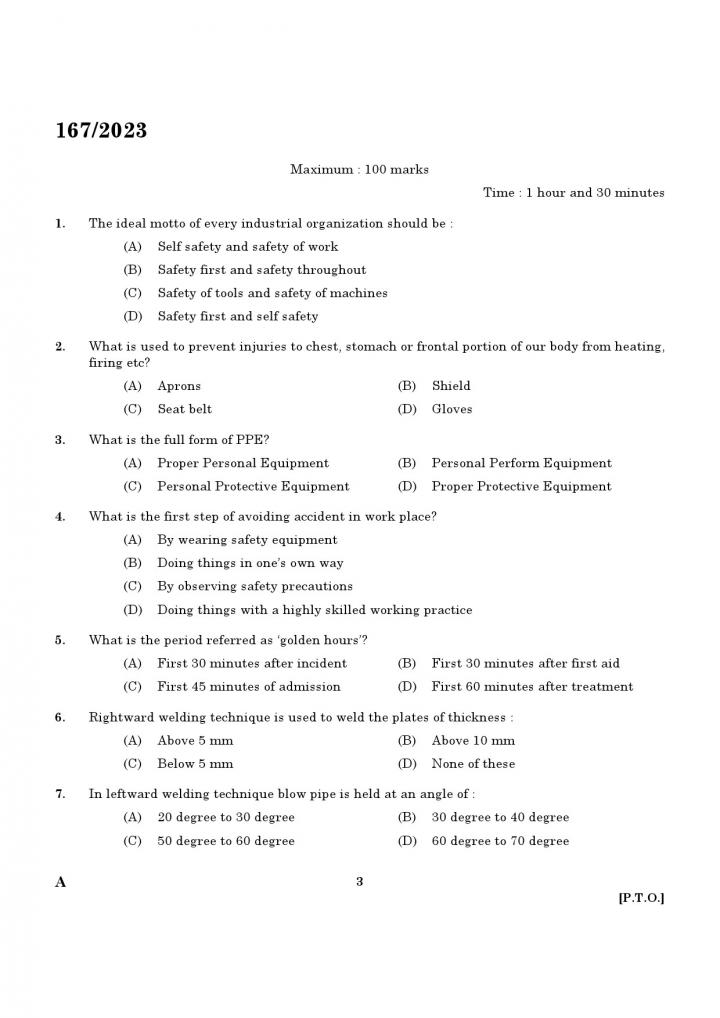 KPSC Junior Instructor Plumber Exam 2023 Code 1672023 1