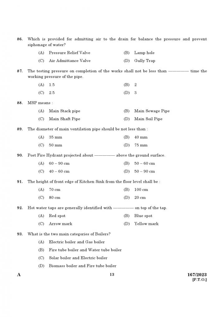 KPSC Junior Instructor Plumber Exam 2023 Code 1672023 11