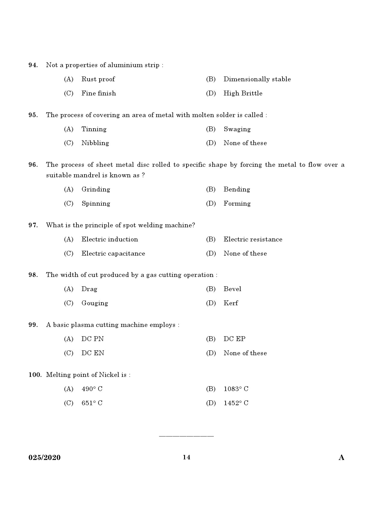KPSC Junior Instructor Sheet Metal Worker Exam 2020 Code 0252020 12