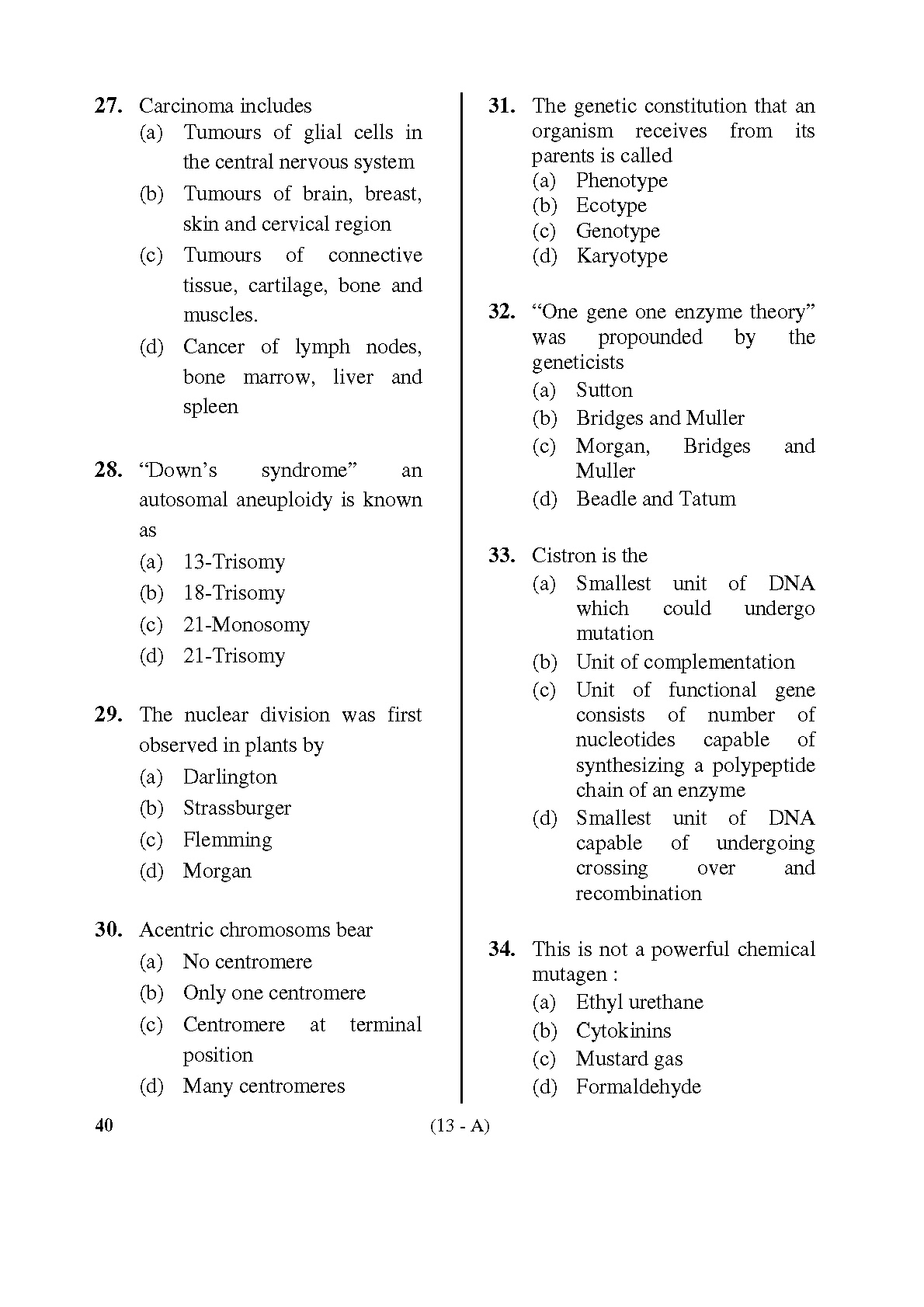 Karnataka PSC Drugs Analyst Botany Exam Sample Question Paper 13