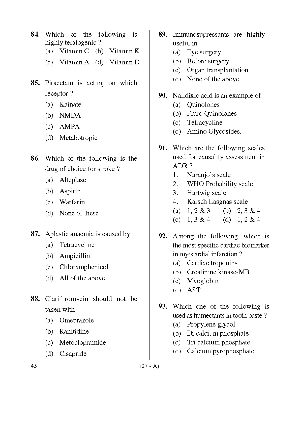 Karnataka PSC Drugs Analyst Pharmacy Exam Sample Question Paper 27