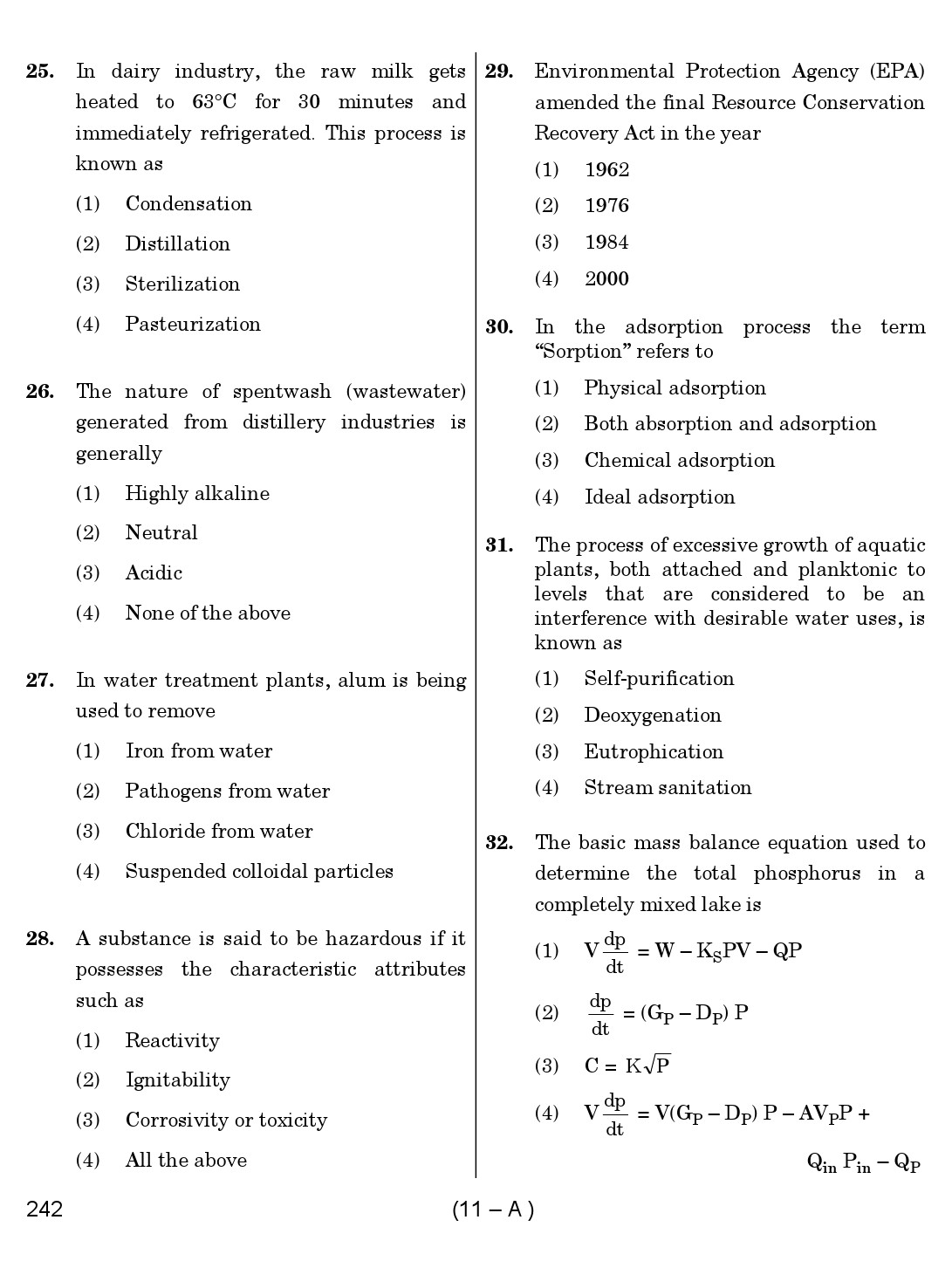 Karnataka PSC Environmental Engineer Exam Sample Question Paper 11